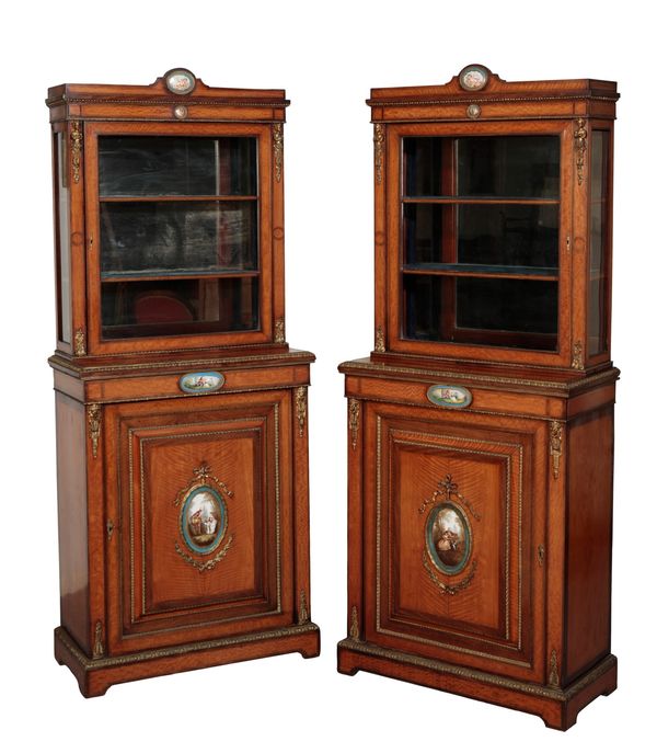 A PAIR OF 19TH CENTURY SATINWOOD, PORCELAIN AND ORMOLU MOUNTED CABINETS