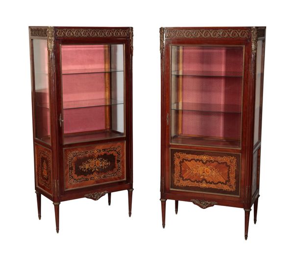 A PAIR OF MAHOGANY AND FLORAL MARQUETRY GLAZED CABINETS