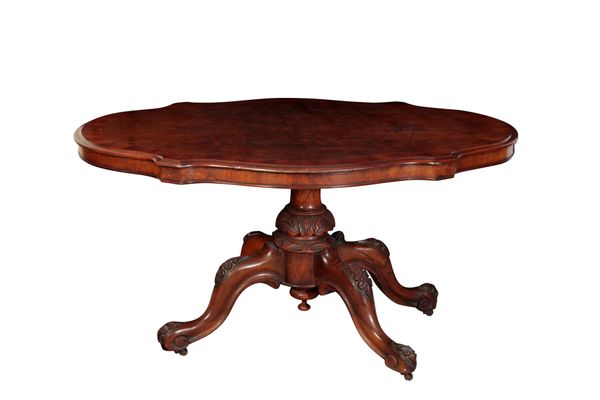 A VICTROIAN BURR WALNUT TILT TOP BREAKFAST TABLE