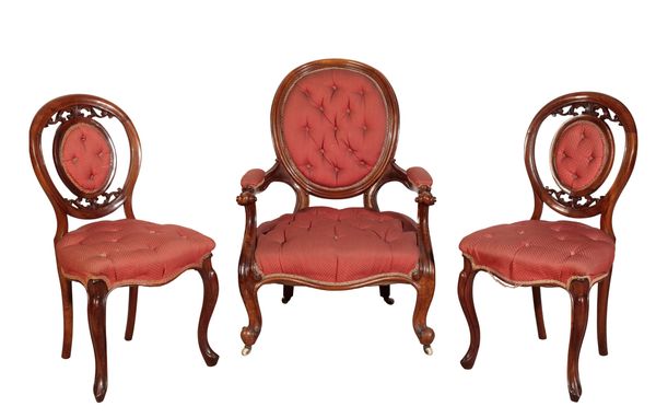 AN EIGHT PIECE MAHOGANY VICTORIAN UPHOLSTERED SALON SUITE