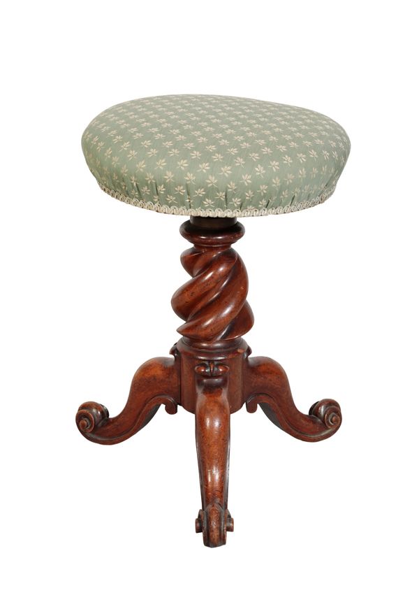 A VICTORIAN WALNUT UPHOLSTERED PAINO STOOL BY HOWARD & SONS