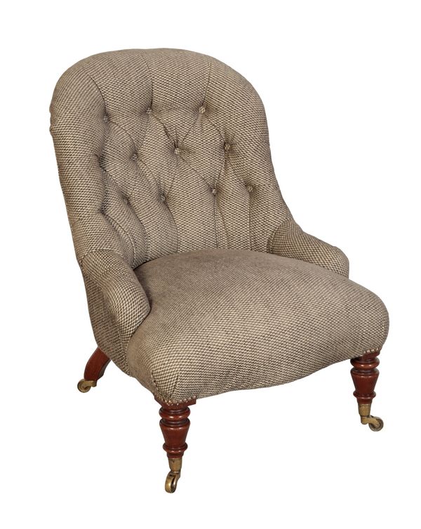 A VICTORIAN UPHOLSTERED CHILDS CHAIR BY HINDLEY & SONS,