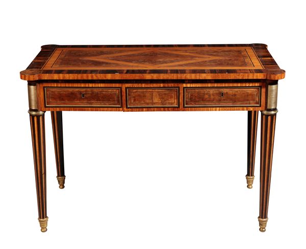 A FRENCH MAHOGANY, SATINWOOD AND ROSEWOOD CENTRE TABLE,