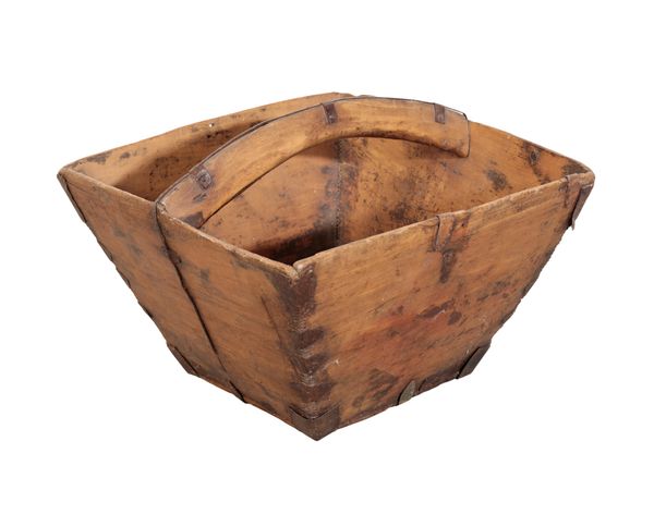 A PINE AND IRON BOUND CARRYING BASKET