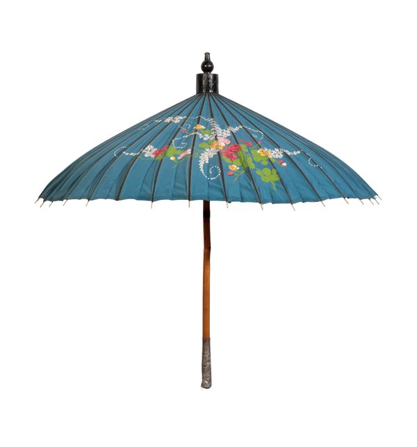 A 19TH CENTURY BAMBOO AND PAINTED SILK PARASOL