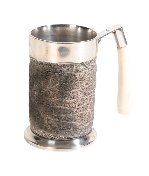 A SILVER PLATED, SHAGREEN AND IVORY TANKARD