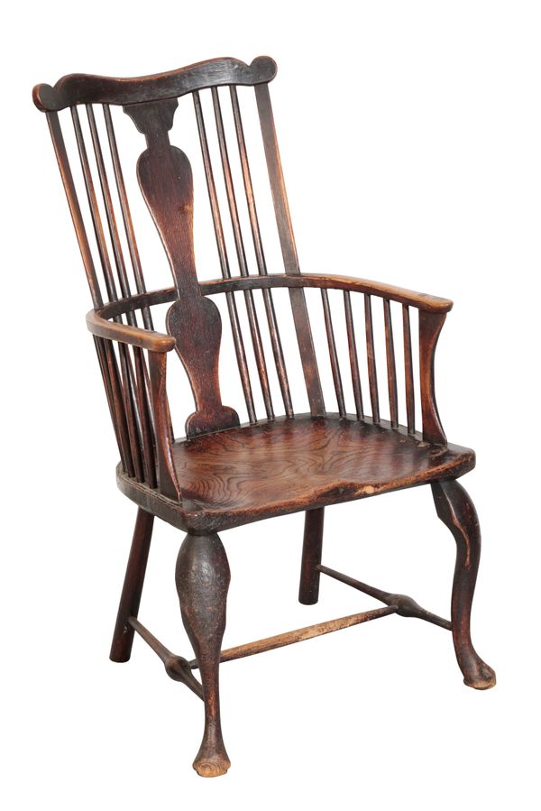 A GEORGE II 'THAMES VALLEY' ELM AND ASH 'COMB' BACK WINDSOR ARMCHAIR