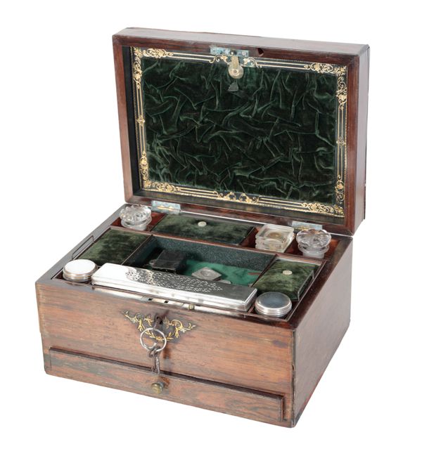 A 19TH CENTURY ROSEWOOD DRESSING TABLE BOX