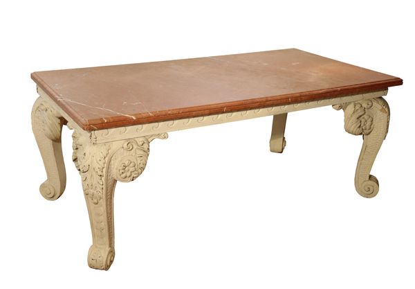 A GEORGE II STYLE CARVED WOOD AND MARBLE TOPPED CENTRE TABLE,
