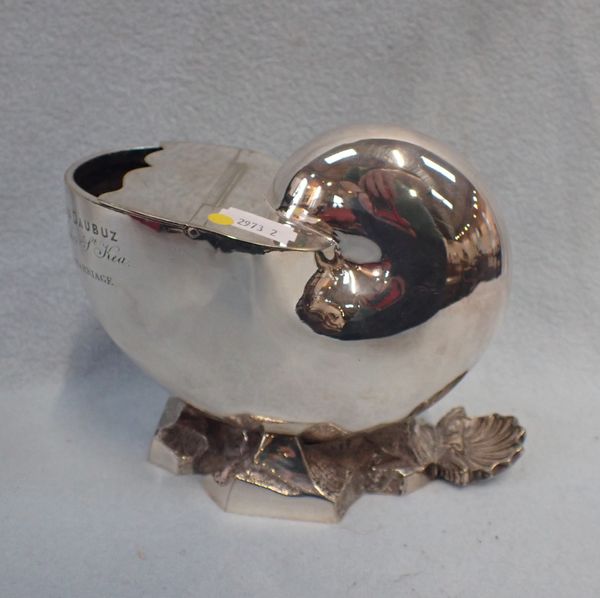 A 19TH CENTURY SILVER-PLATED NAUTILUS SPOON WARMER