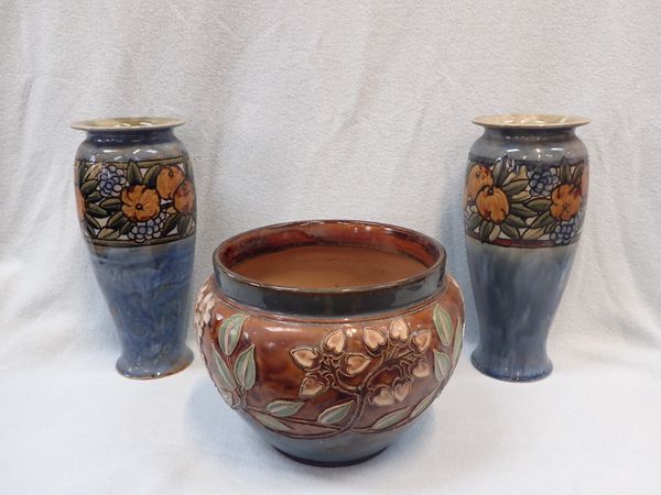 A PAIR OF ROYAL DOULTON STONEWARE VASES