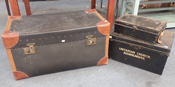A LEATHER AND COMPOSITION TRUNK AND TWO DEED BOXES