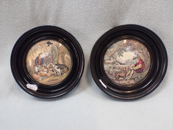 TWO VICTORIAN POT LIDS IN WOODEN WALL MOUNTS