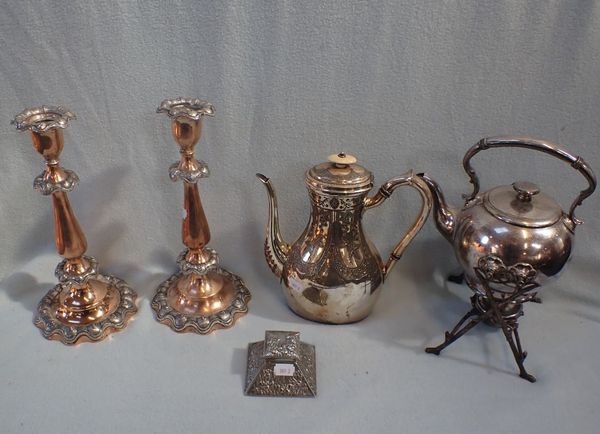 A PAIR OF SILVER-PLATED ON COPPER CANDLESTICKS