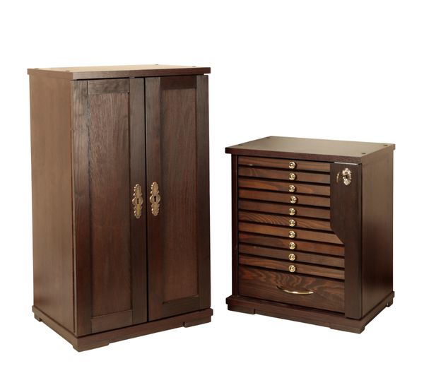 TWO OAK EFFECT MEDAL COLLECTION CABINETS