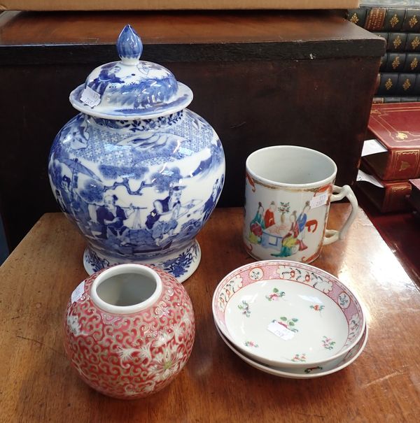 A CHINESE BLUE AND WHITE JAR AND COVER