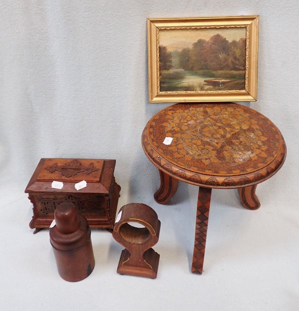 A CARVED WOODEN STOOL WITH OTHER SIMILAR ITEMS