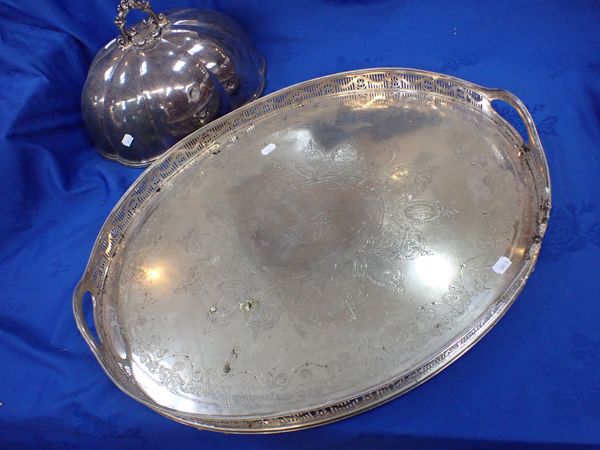 A LARGE VICTORIAN SILVER-PLATED GALLERIED TRAY