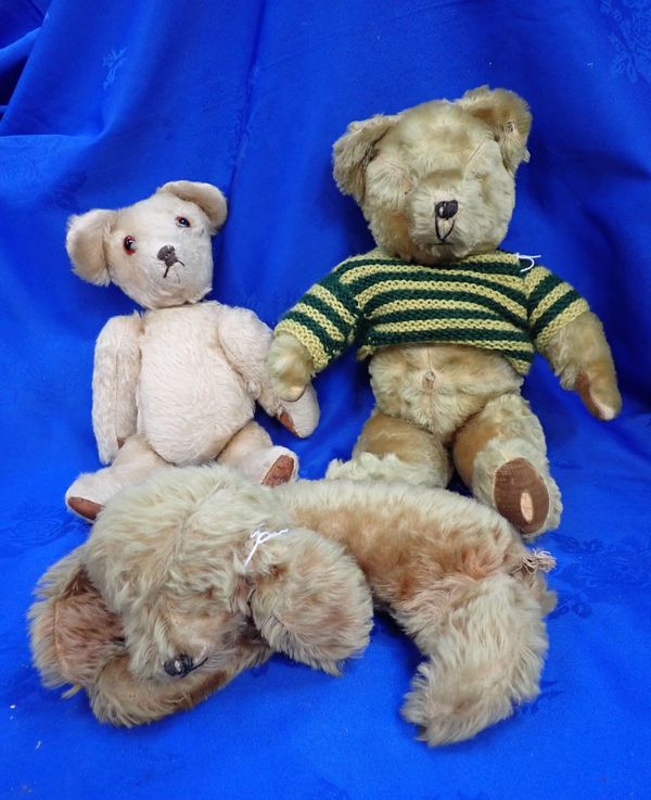 TWO VINTAGE TEDDY BEARS, AND  A TOY DOG