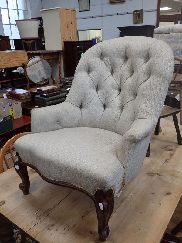 A VICTORIAN IRON-FRAMED UPHOLSTERED PARLOUR CHAIR