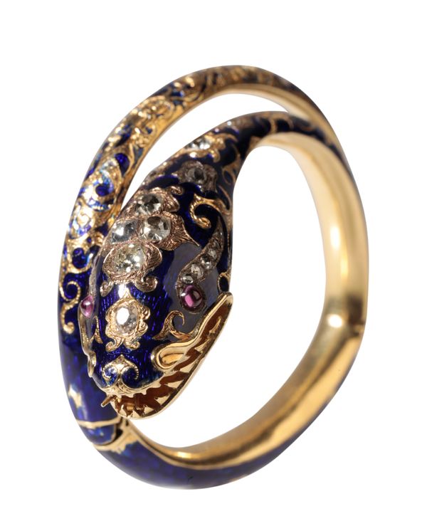 A VICTORIAN DIAMOND, ENAMEL AND GOLD EXPANDING SERPENT BRACELET