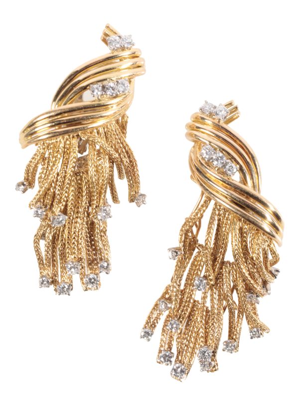 A PAIR OF GOLD AND DIAMOND TASSEL EARRINGS