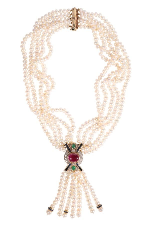 A CULTURED PEARL AND GEMSET PENDANT NECKLACE