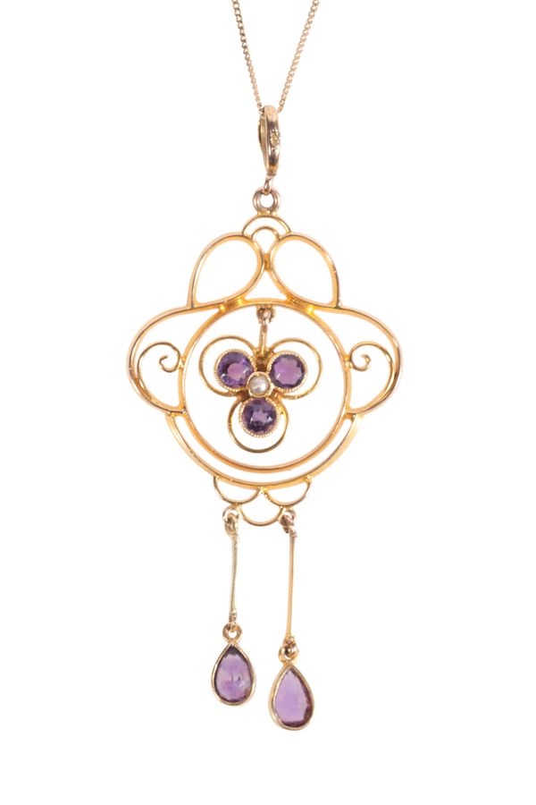 A BELLE EPOQUE AMETHYST AND SEED PEARL PENDANT NECKLACE