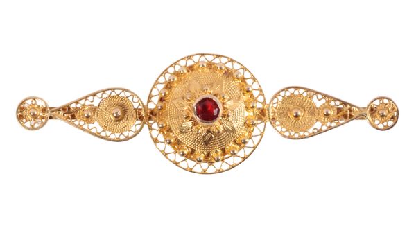 A GOLD ETRUSCAN STYLE BAR BROOCH