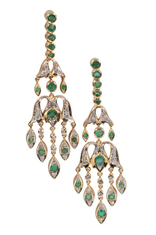 A PAIR OF EMERALD AND DIAMOND CHANDELIER EARRINGS
