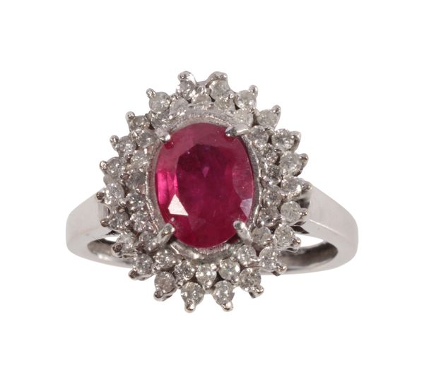 A SYNTHETIC RUBY AND DIAMOND CLUSTER RING