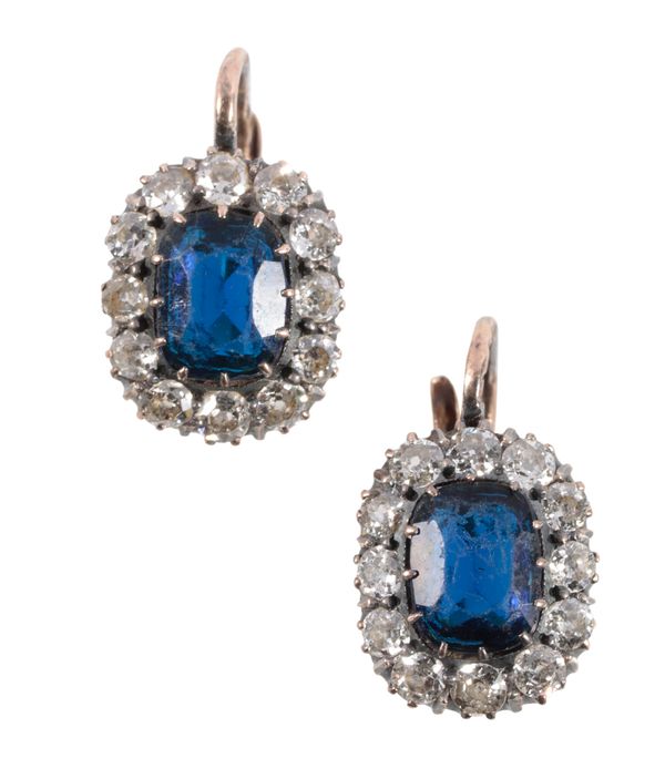 A PAIR OF  SYNTHETIC SAPPHIRE AND DIAMOND CLUSTER EARRINGS