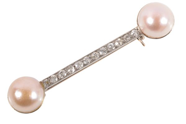 A DIAMOND AND CULTURED PEARL BAR BROOCH