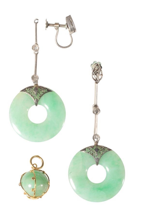 A PAIR OF JADEITE AND DIAMOND EARRINGS