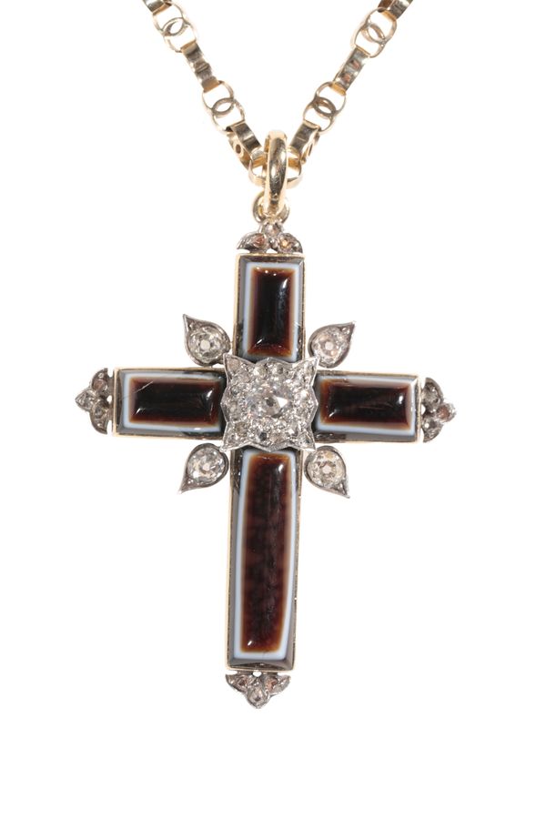 A DIAMOND AND HARDSTONE CROSS PENDANT AND CHAIN