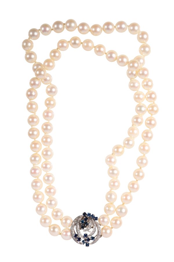 A DOUBLE STRAND CULTURED PEARL NECKLACE WITH SAPPHIRE AND DIAMOND CLASP