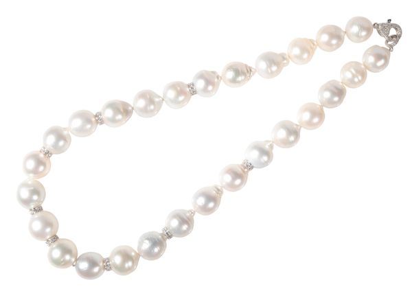 A SINGLE STRAND BAROQUE PEARL AND DIAMOND NECKLACE