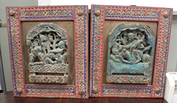 A PAIR OF INDIAN 'KARMA SUTRA' EROTIC PANELS