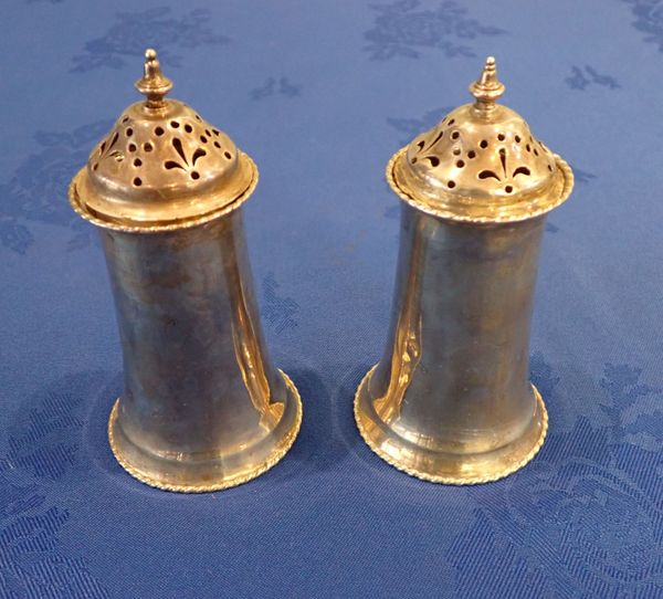 A PAIR OF SILVER SUGAR CASTERS, OF TAPERING FORM