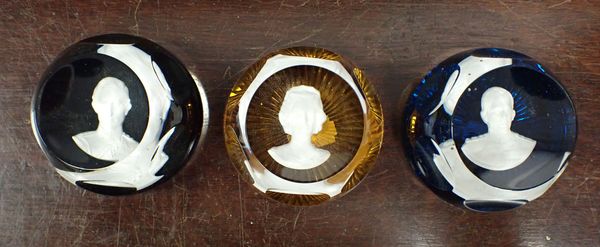 THREE SULPHIDE GLASS PAPERWEIGHTS