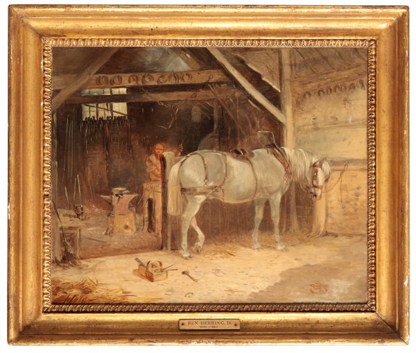 BENJAMIN HERRING JNR (1830-1871) A Farrier and a horse in an interior