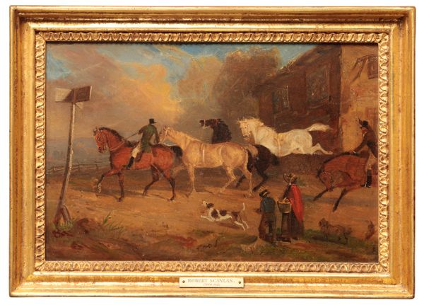 ASCRIBED TO ROBERT RICHARD SCANLON (c.1801-1876) A huntsman leading horses out of a town