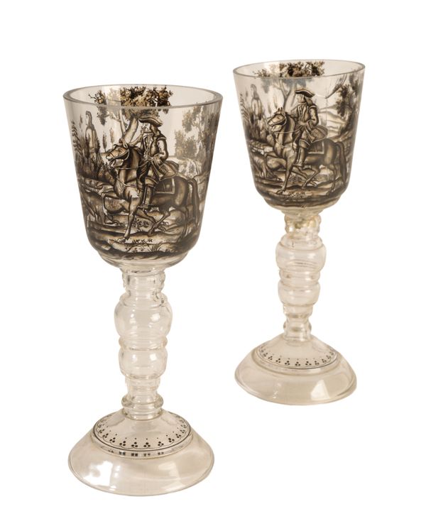 A PAIR OF SCHWARZLOT ENAMELLED DRINKING GLASSES