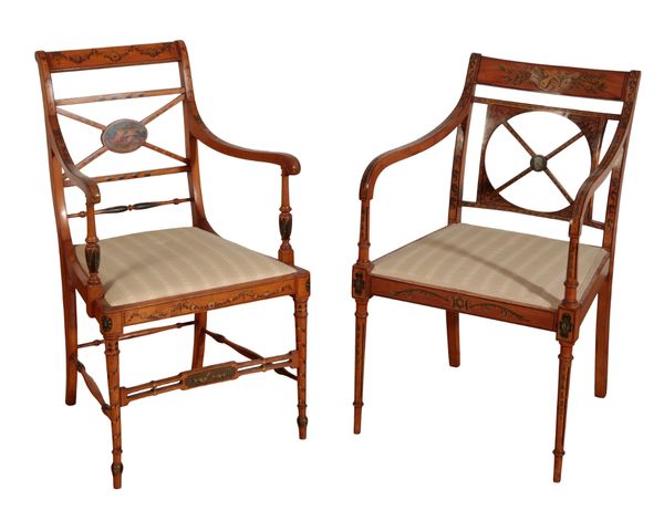 A NEAR PAIR OF EDWARDIAN SATINWOOD AND POLYCHROME ARMCHAIRS