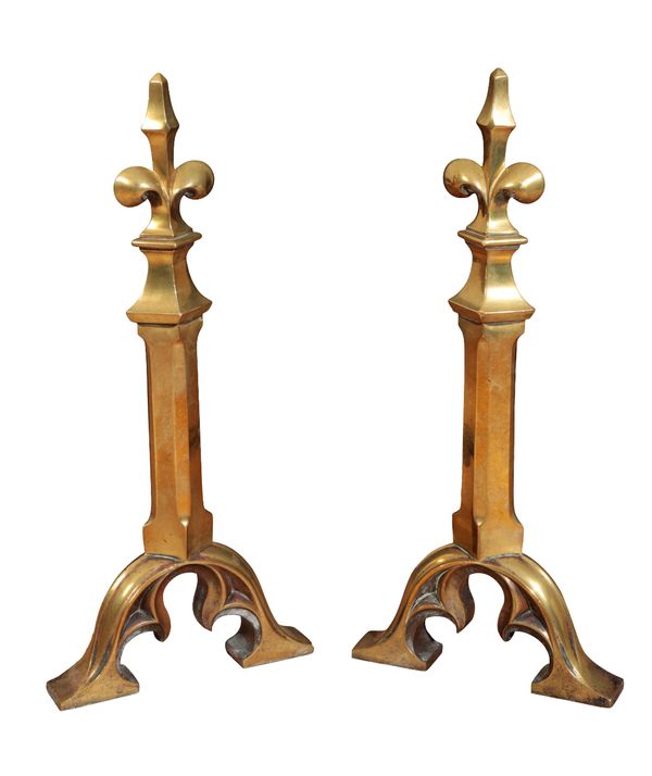 A PAIR OF BRASS ANDIRONS,