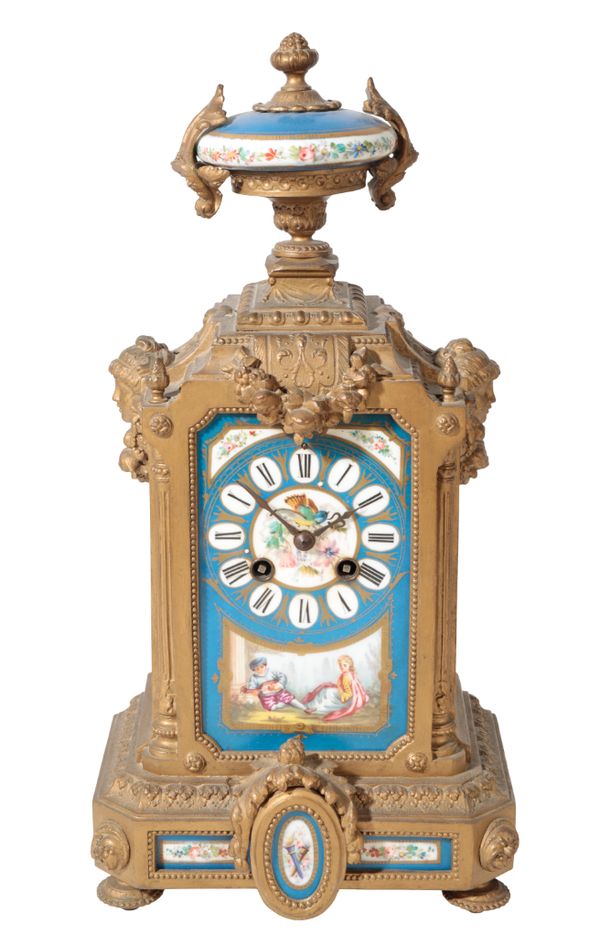 A FRENCH GILT-METAL AND SEVRES STYLE PORCELAIN PANELLED MANTEL CLOCK