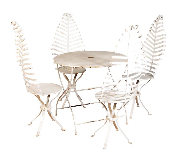 A SET OF FOUR WHITE-PAINTED WROUGHT-IRON GARDEN CHAIRS,