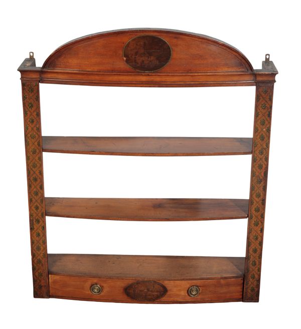 A LATE GEORGE III MAHOGANY AND PAINTED WALL SHELF,