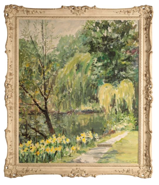 G. POTTER (20th century) River landscape with weeping willows and daffodils