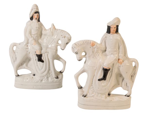 A PAIR OF LATE VICTORIAN STAFFORDSHIRE POTTERY FIGURES MODELLED AS EQUESTRIAN TROUBADORS